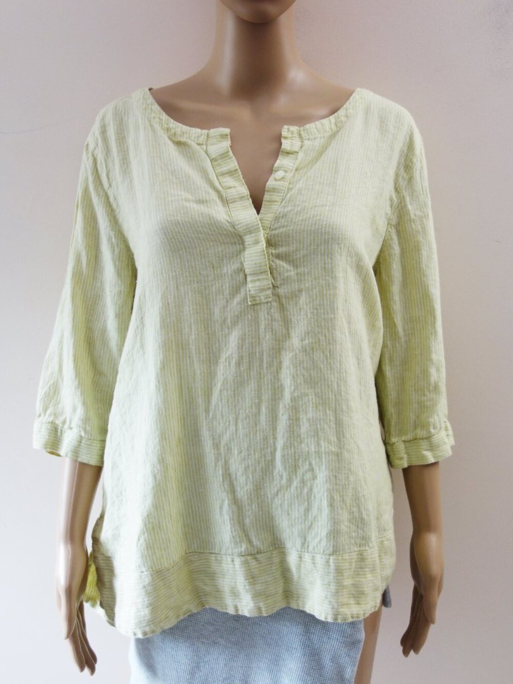J. Jill Love Linen Green Pinstripe Tunic Top 100% Linen Blouse (L-Petite) EUC